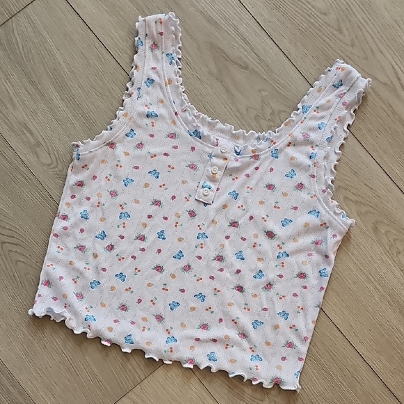 Girlhood Cottagecore Floral Pointelle Scalloped Edged Cropped Tank Top Small - Picture 1 of 11